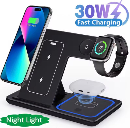 3-in-1 Foldable Wireless Charging Station – 30W Fast Charger for iPhone, Apple Watch & AirPods