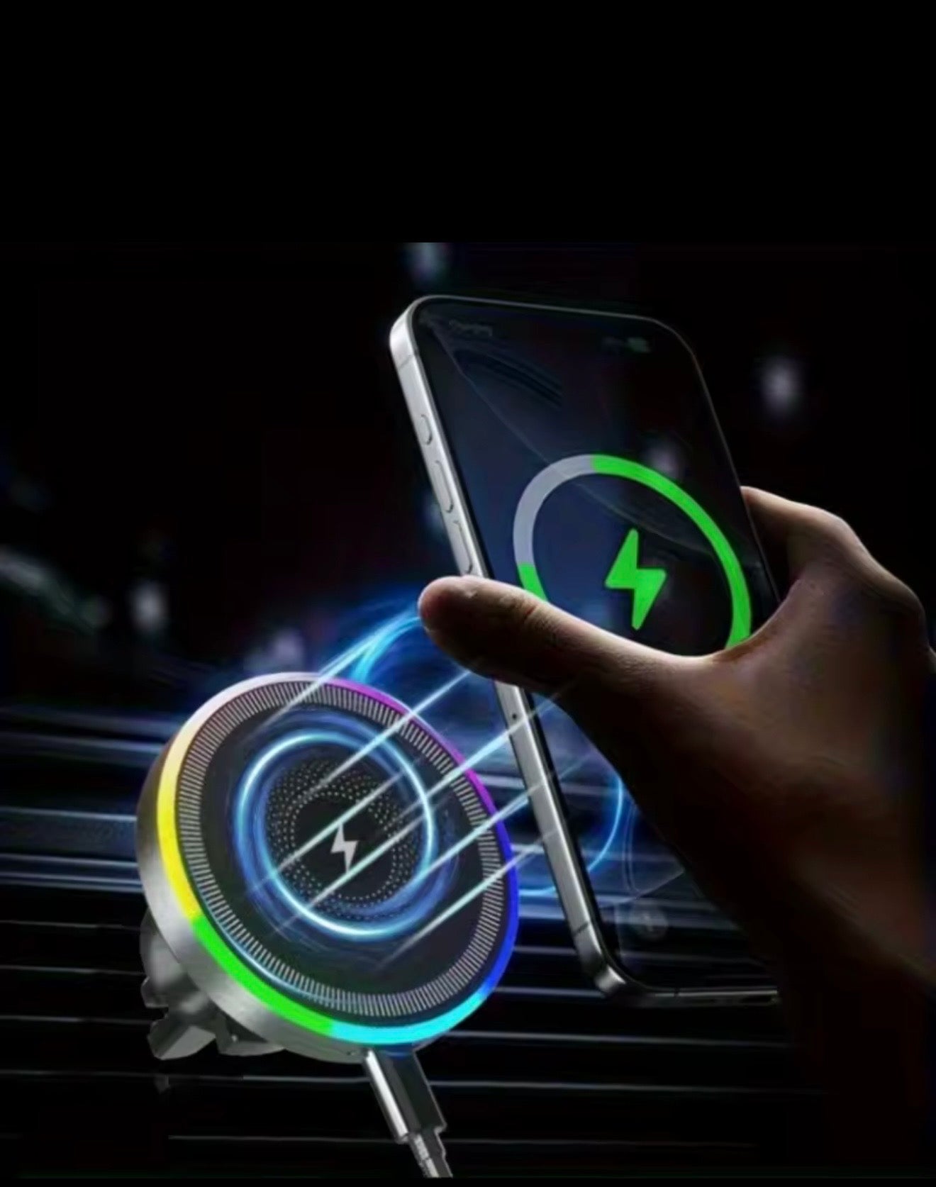 Magnetic Wireless Car Charger Mount – Fast Charging Phone Holder with RGB Light