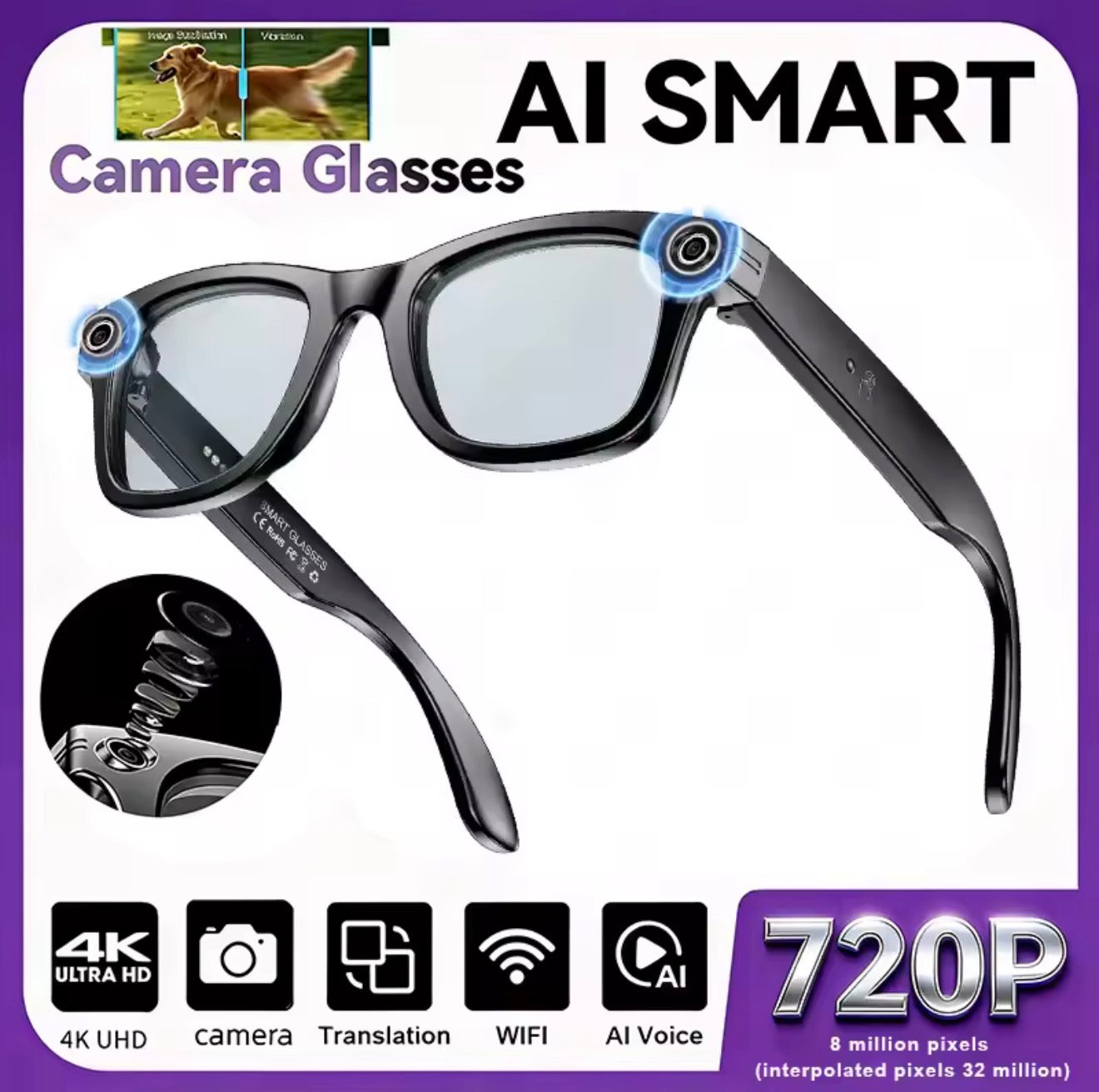 AI Smart Camera Glasses – HD Video Recording, Voice Control, WiFi & Translation Smart Glasses